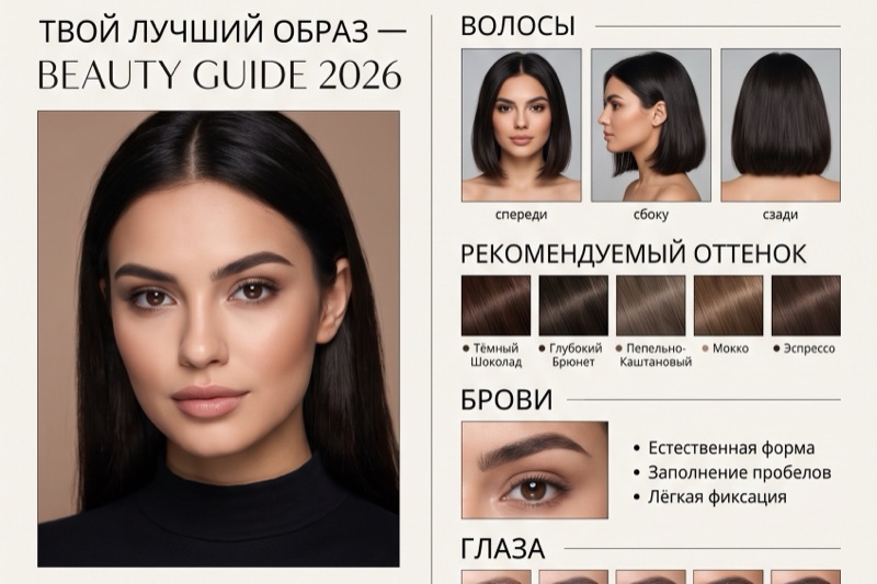 Пример бьюти-гайда по фото: инфографика со стрижкой в трёх ракурсах, оттенками волос, бровями и макияжем